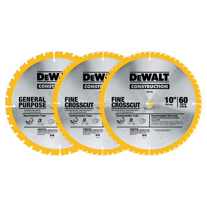 DEWALT Construction Saw Blade - 3-Piece Set - 10-in Dia - 32T and 60T - Tungsten Carbide Teeth