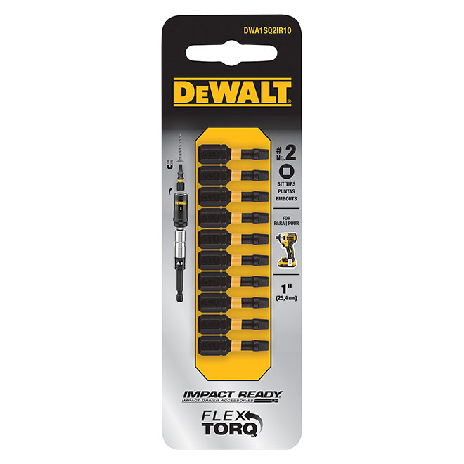 DEWALT FlexTorq Magnetic Screw Square-Head Impact Drill Bits - #2 x 1-in L - Hex Shank - Black - 10 Per Pack