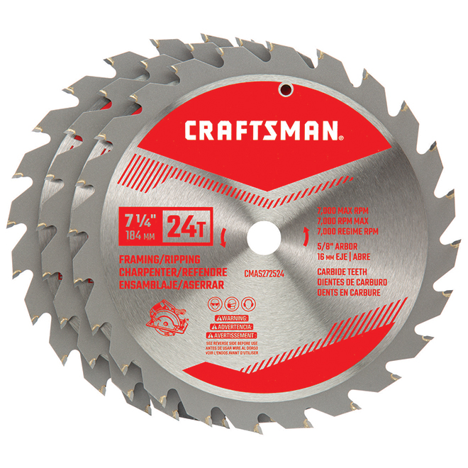 CRAFTSMAN Circular Saw Blade - Carbide - 24 Teeth - 7 1/4-in dia - Steel - Corrosion Resistant - 3 Per Pack