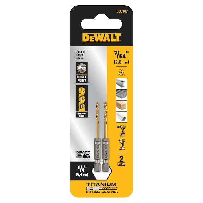 DEWALT 2-Piece 7/64-in x 2-9/16-in Titanium Nitride Coated HSS Right Handed Twist Drill Bit
