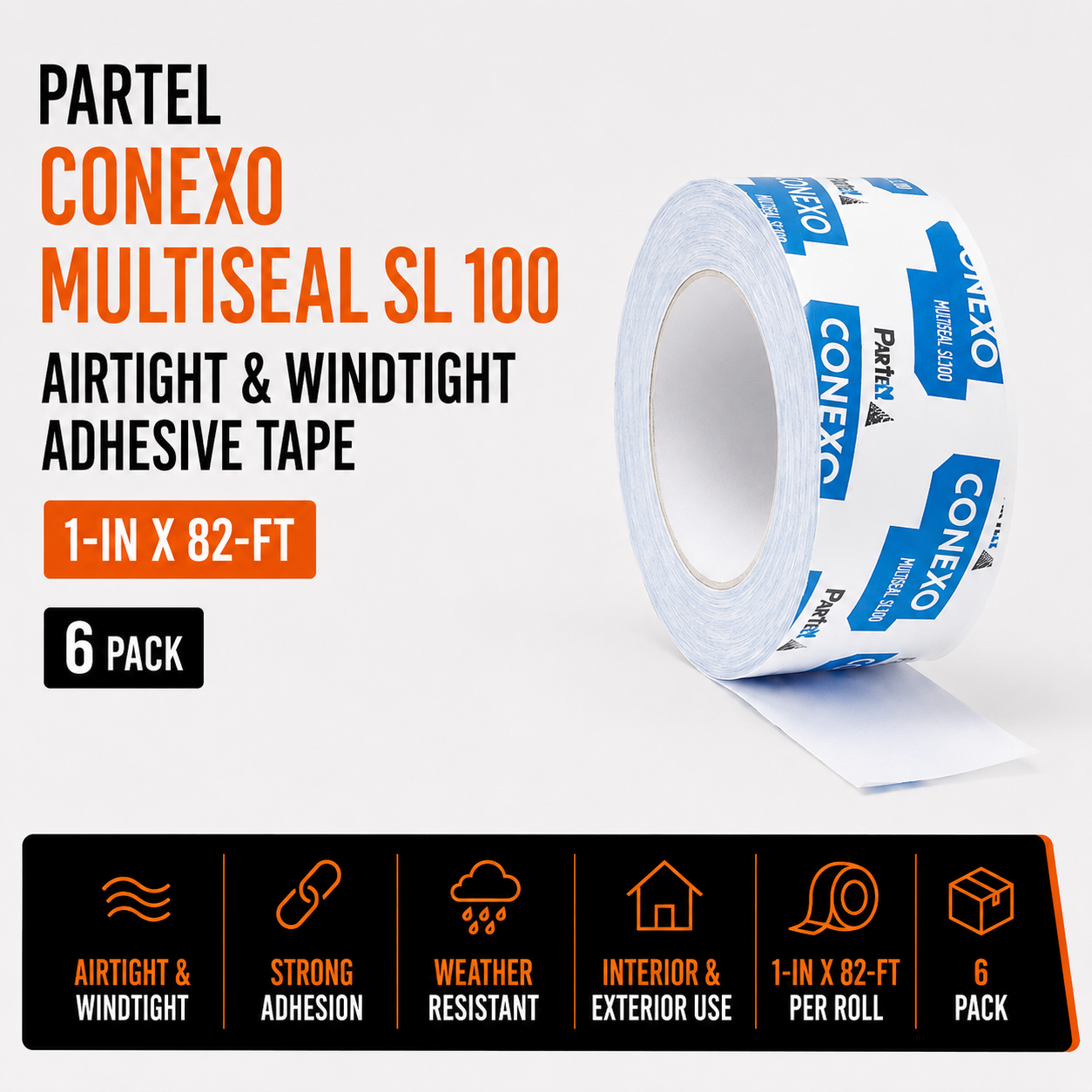 PARTEL Conexo Multiseal SL 100 Airtight and Windtight Adhesive Tape 1-in x 82-ft - 6-Pack