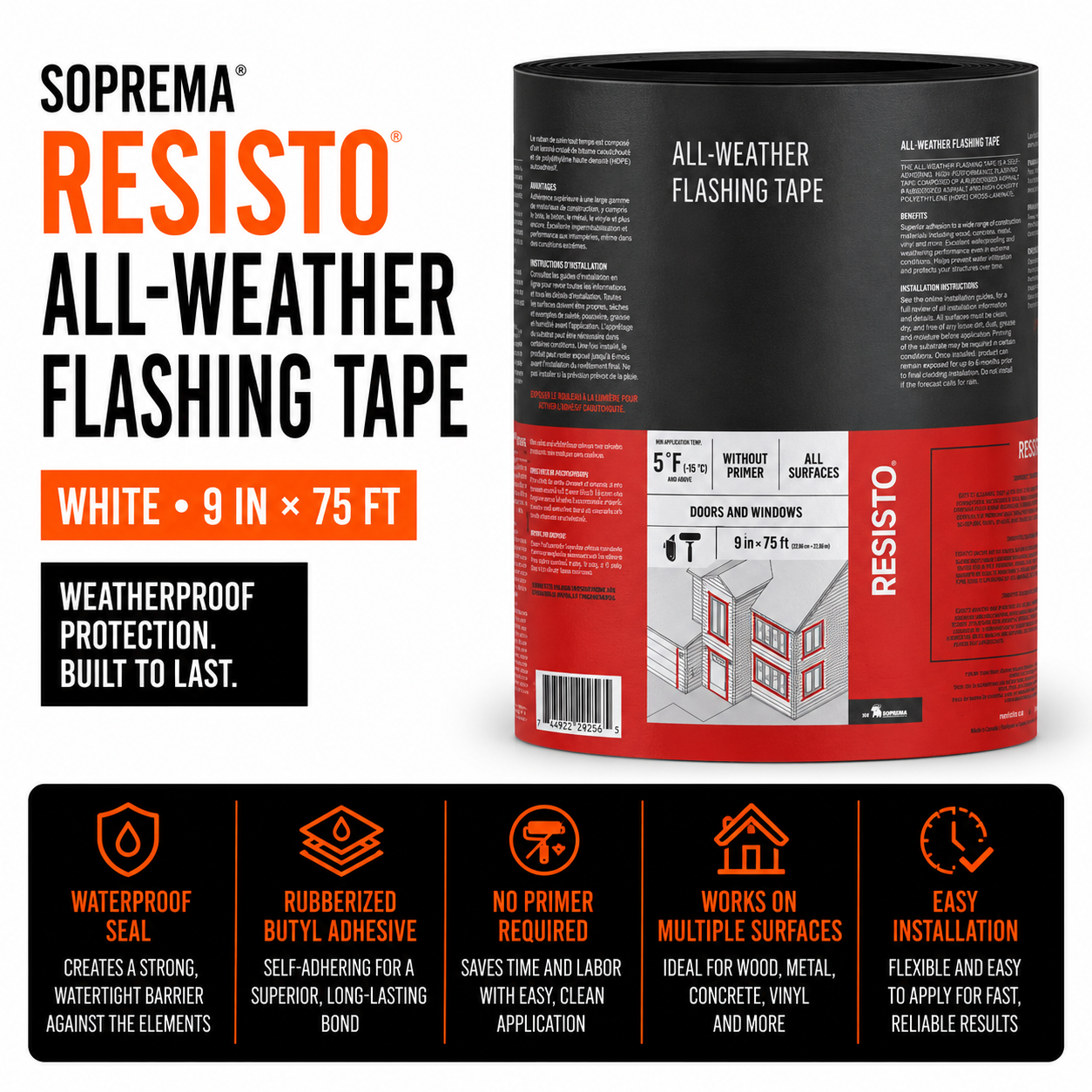 Soprema Resisto All-Weather Flashing Tape - Rubberized Butyl - White - 9-in W x 75-ft L x 1-64-in T