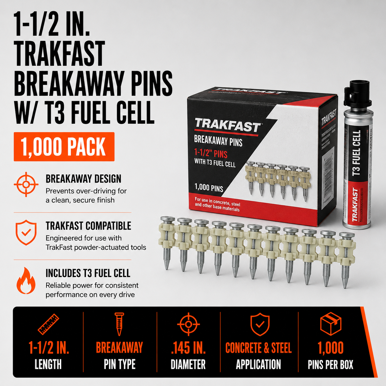 1-1/2 in. TrakFast Breakaway Pins w/ T3 Fuel Cell (1,000 Pack)