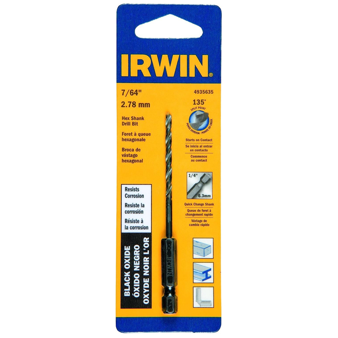 Irwin 4935635 7/64inch Dia. Black Oxide Hex Shank Drill Bit
