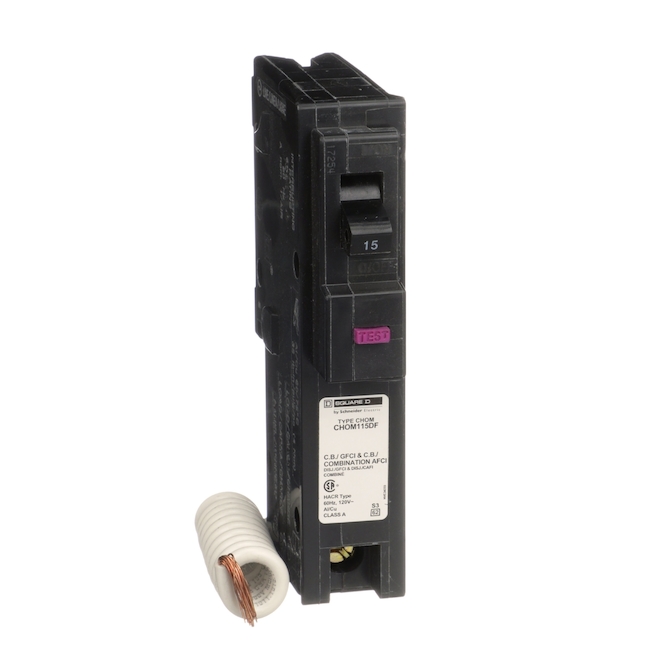 Homeline CAFI/GFCI single-pole Homeline 15 A 110 V dual-function pigtail circuit breaker. CHOM115DF