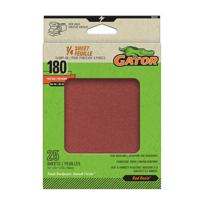 Gator 1/4 Sheet Sandpaper - 180-Grit - Pack of 25
