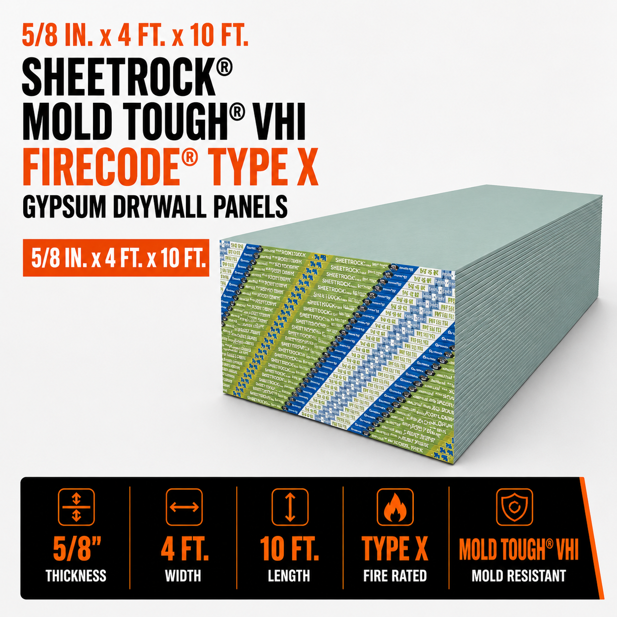 5/8 in. x 4 ft. x 10 ft. Sheetrock® Mold Tough® VHI Firecode® Type X Gypsum Drywall Panels