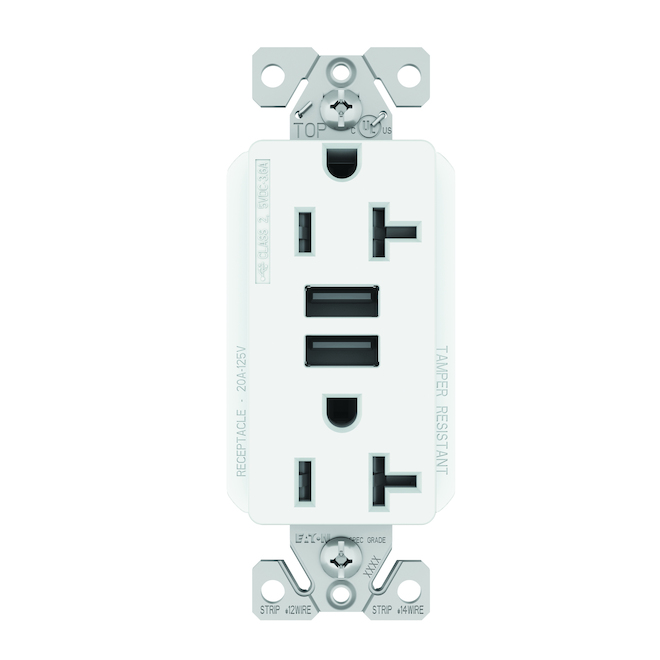 Eaton Dual Receptacle with 2 USB Type A Plugs - White - 20-Amps