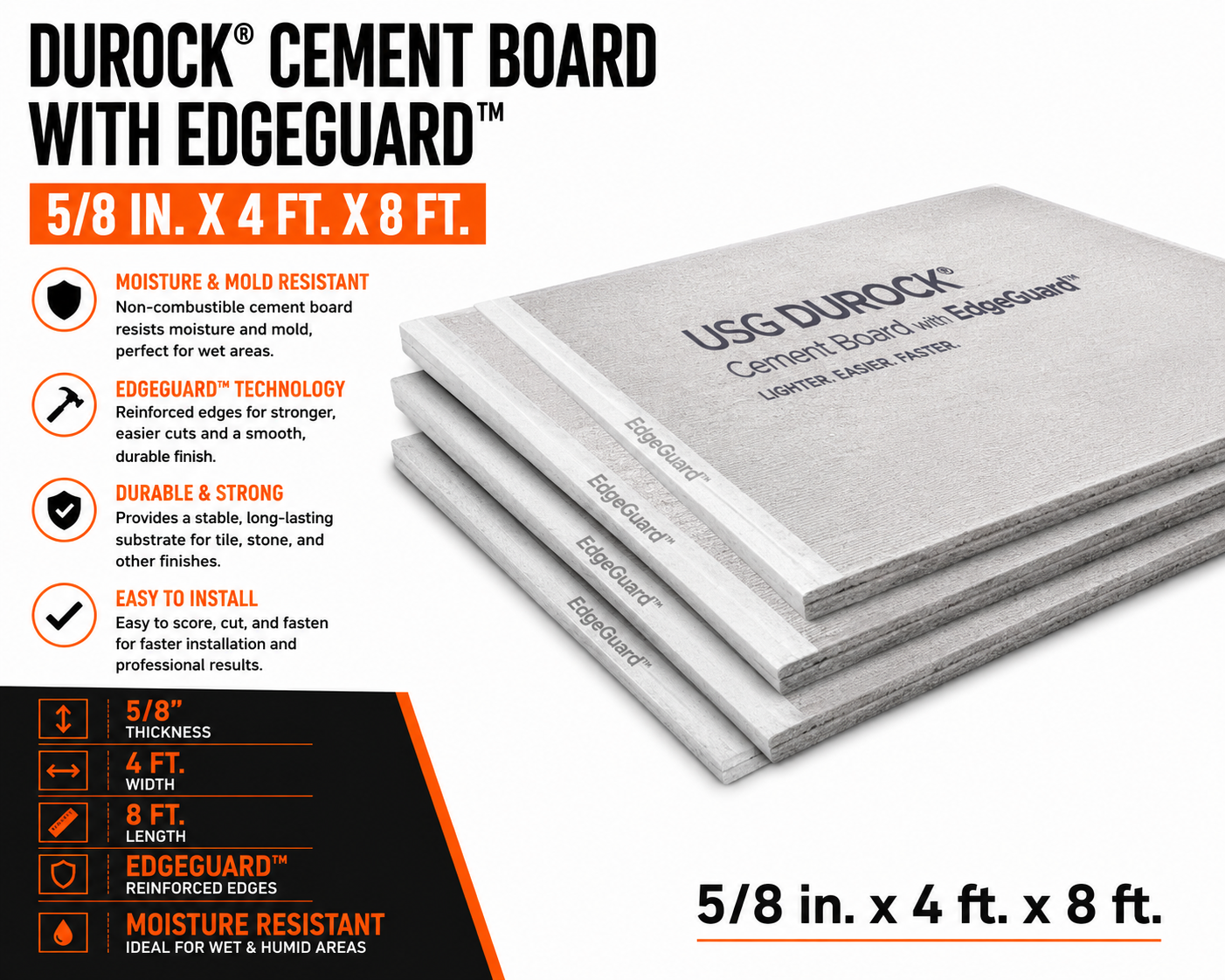 5:8 in. x 4 ft. x 8 ft. Durock® Cement Board with EdgeGuard