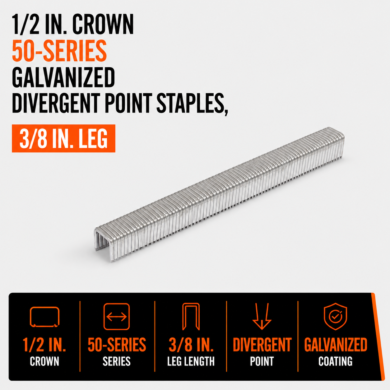 1-2 in. Crown 50-Series Galvanized Divergent Point Staples, 3-8 in. Leg