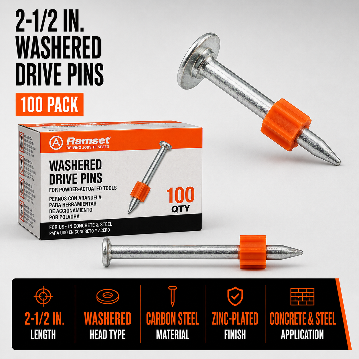 2-1/2 in. Washered Drive Pins (100 Pack)2-1/2 in. Washered Drive Pins (100 Pack)
