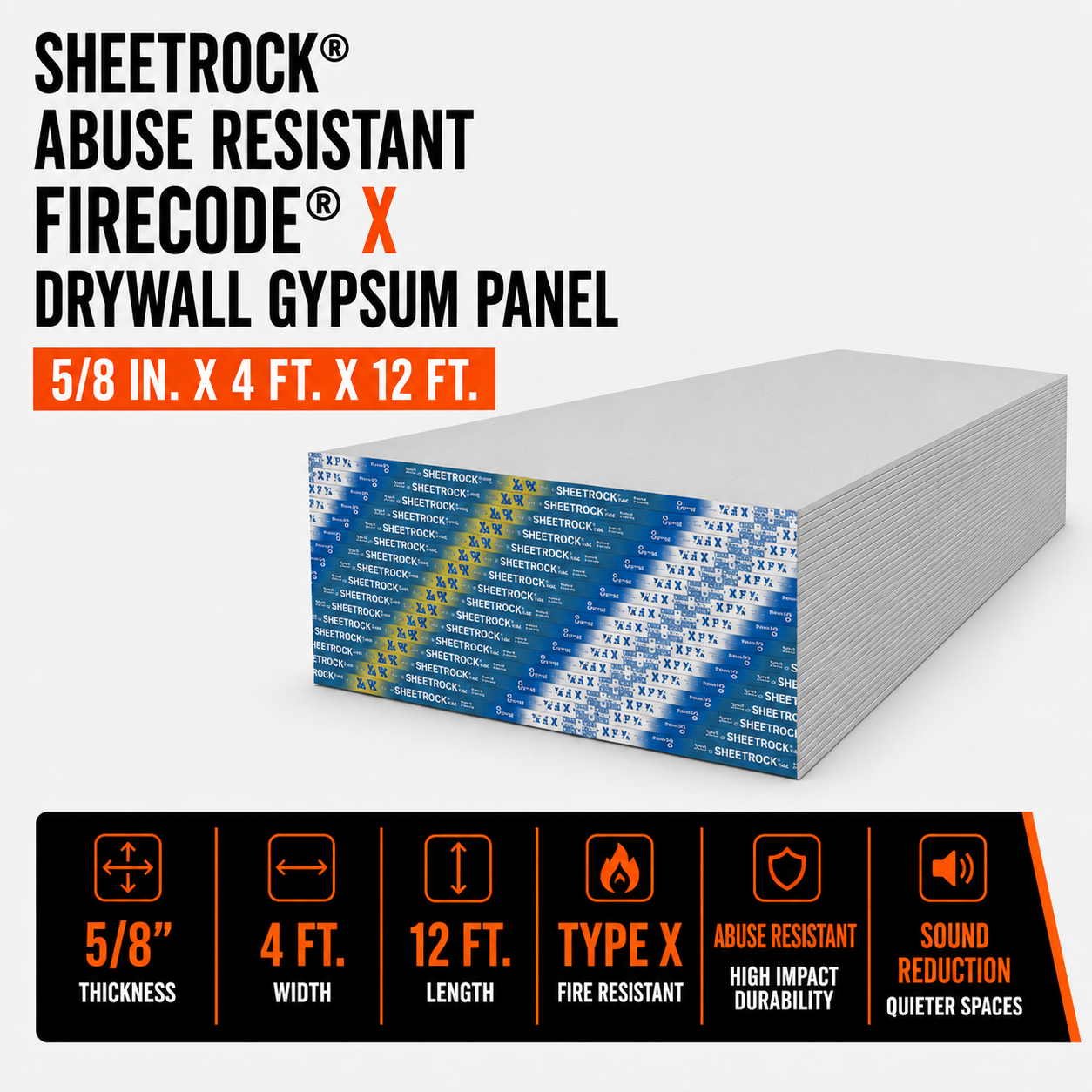 5/8 in. x 4 ft. x 12 ft. Sheetrock® Abuse Resistant Firecode® X Drywall Gypsum Panel
