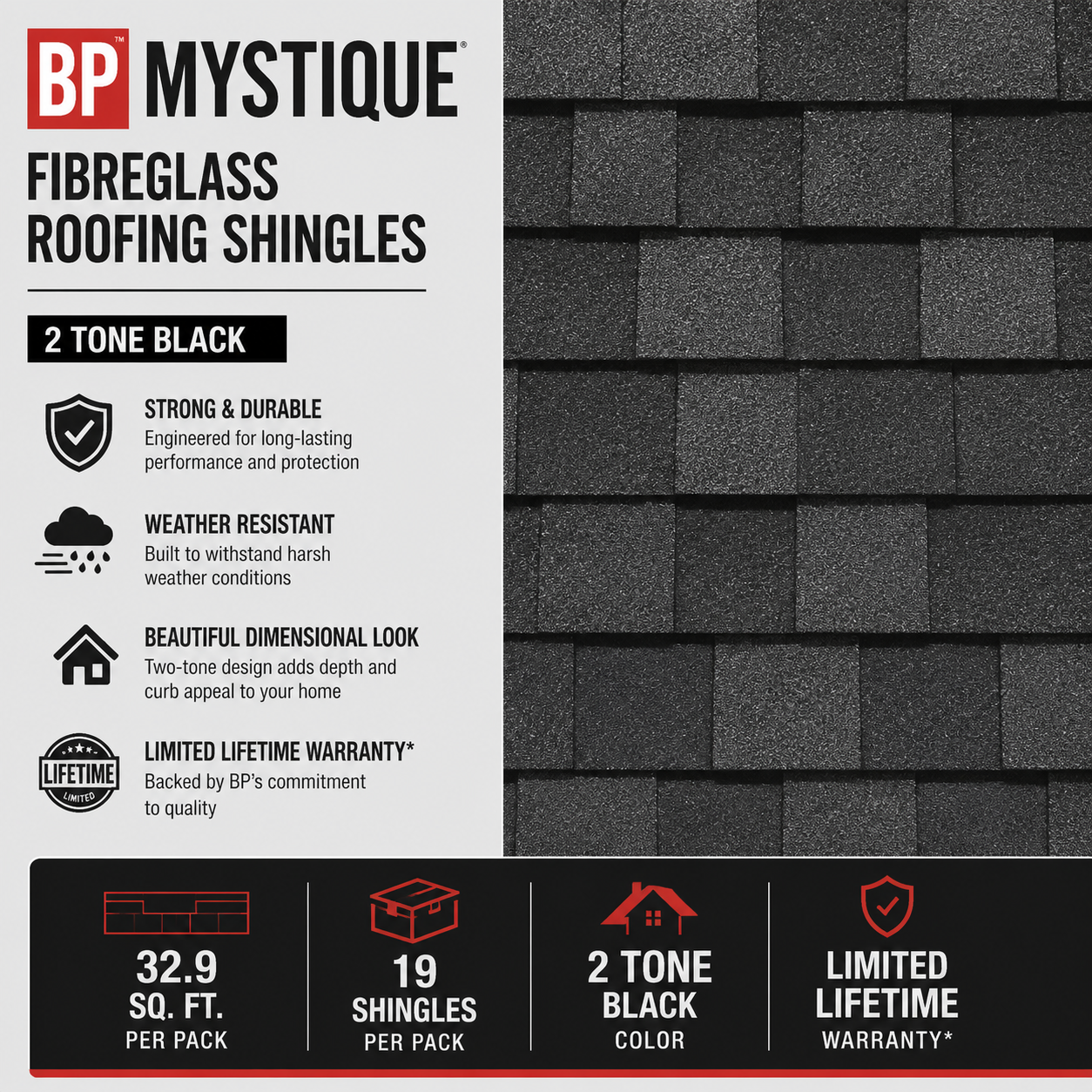BP Mystique 42 32.9 sq. ft. 19/Pack 2 Tone Black Fibreglass Roofing Shingles