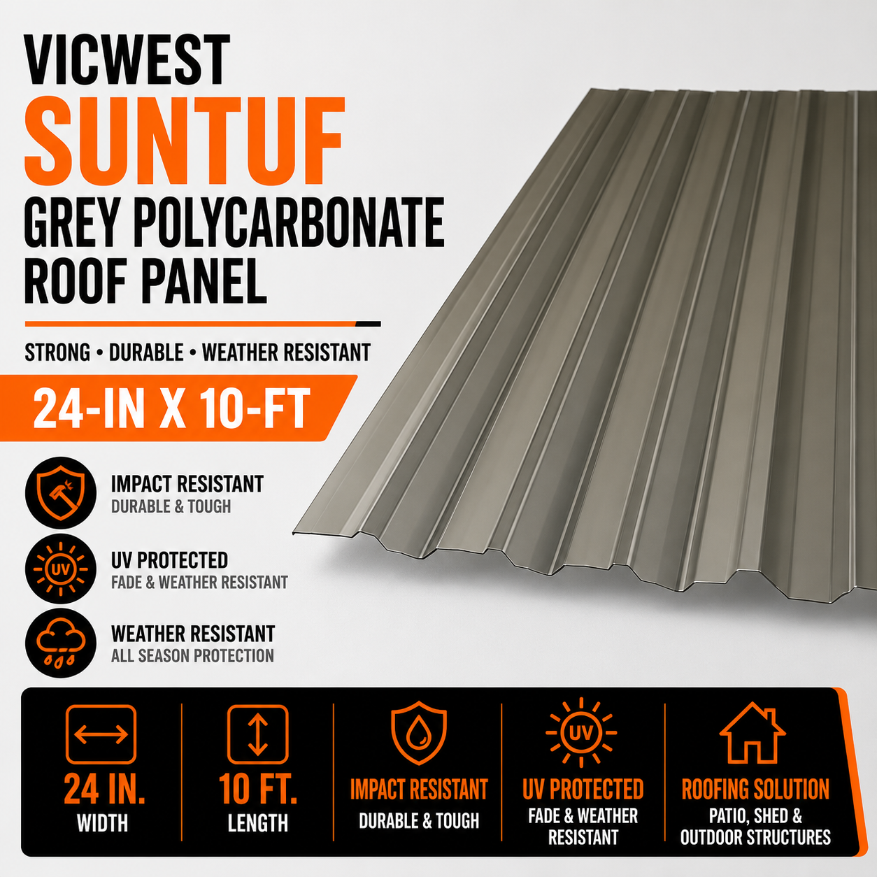 Vicwest Suntuf Roof panel - 24-in x 10-ft - Polycarbonate - Grey