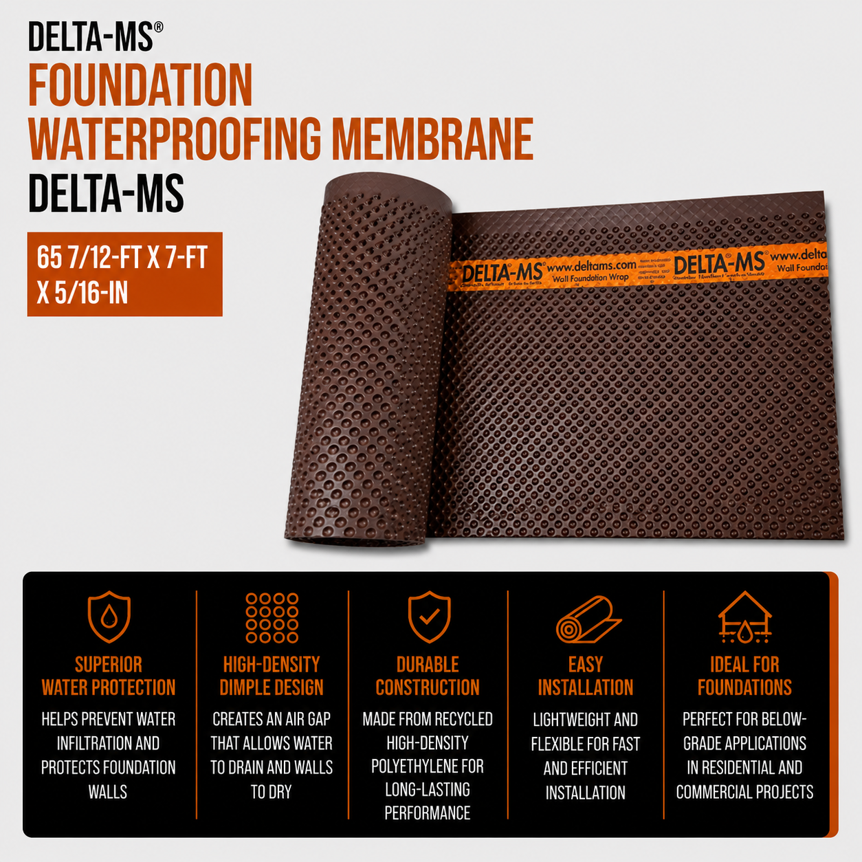 Delta-MS Foundation Waterproofing Membrane - 65 7/12-ft x 7-ft x 5/16-in - Recycled High-Density Polyethylene - Brown