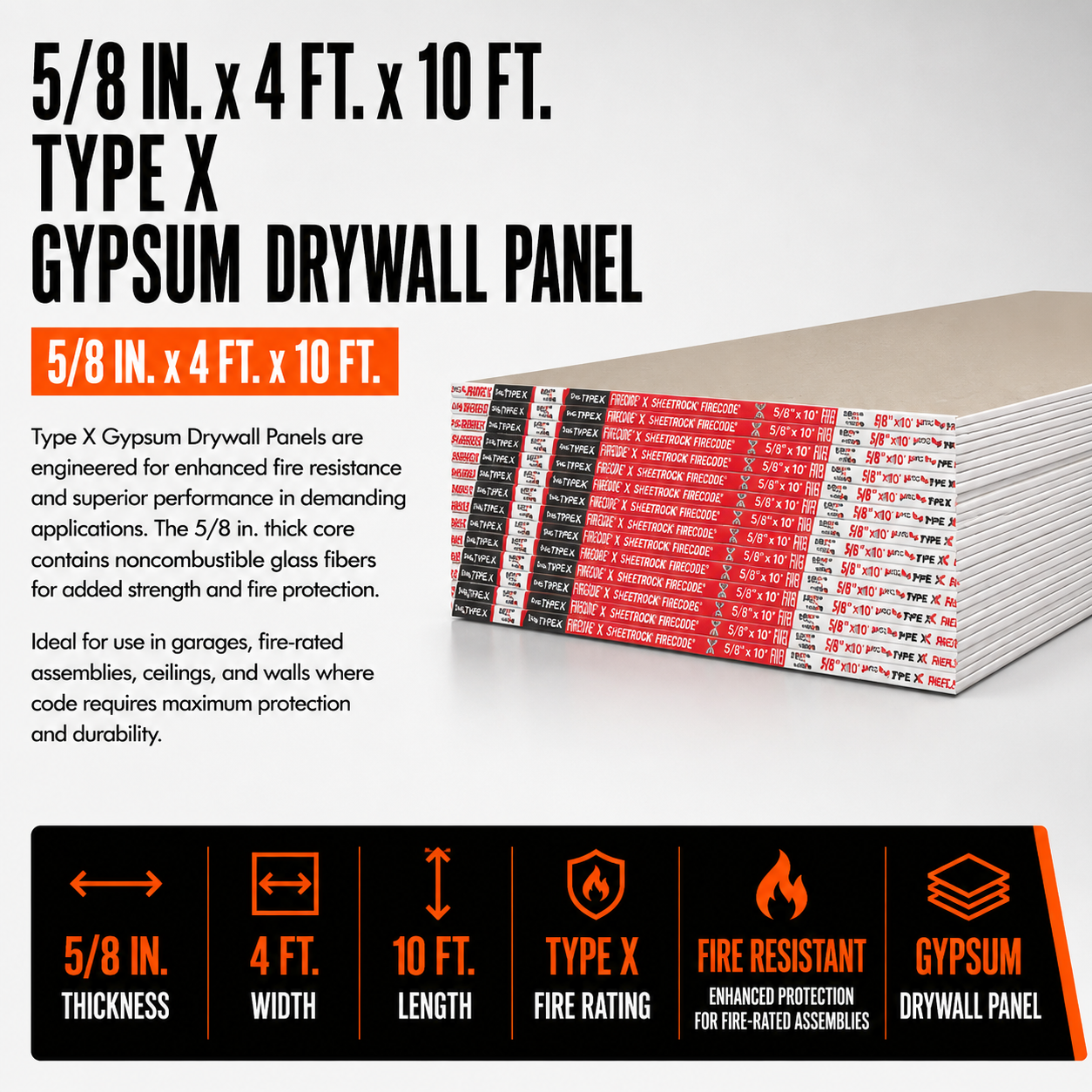 5/8-in. x 4 ft. x 10 ft. Fire Rated Type X Drywall Panel