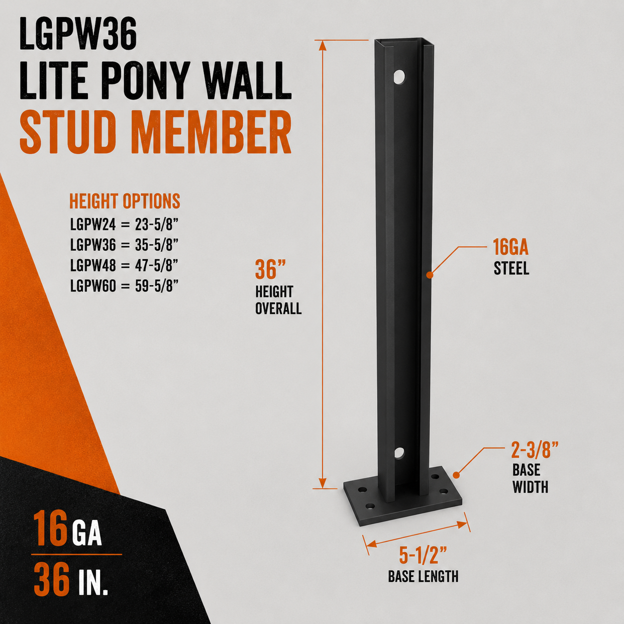 16ga. 60 in. LGPW60 Lite Pony Wall Stud Member