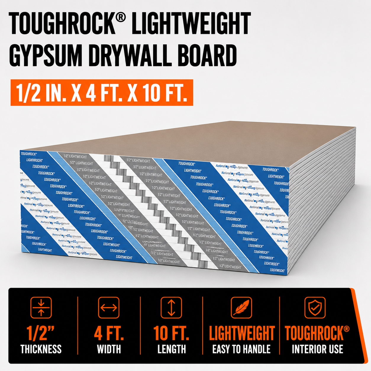 `1-2 in x 4 ft x 10 ft ToughRock Lightweight Gypsum Drywall Board`