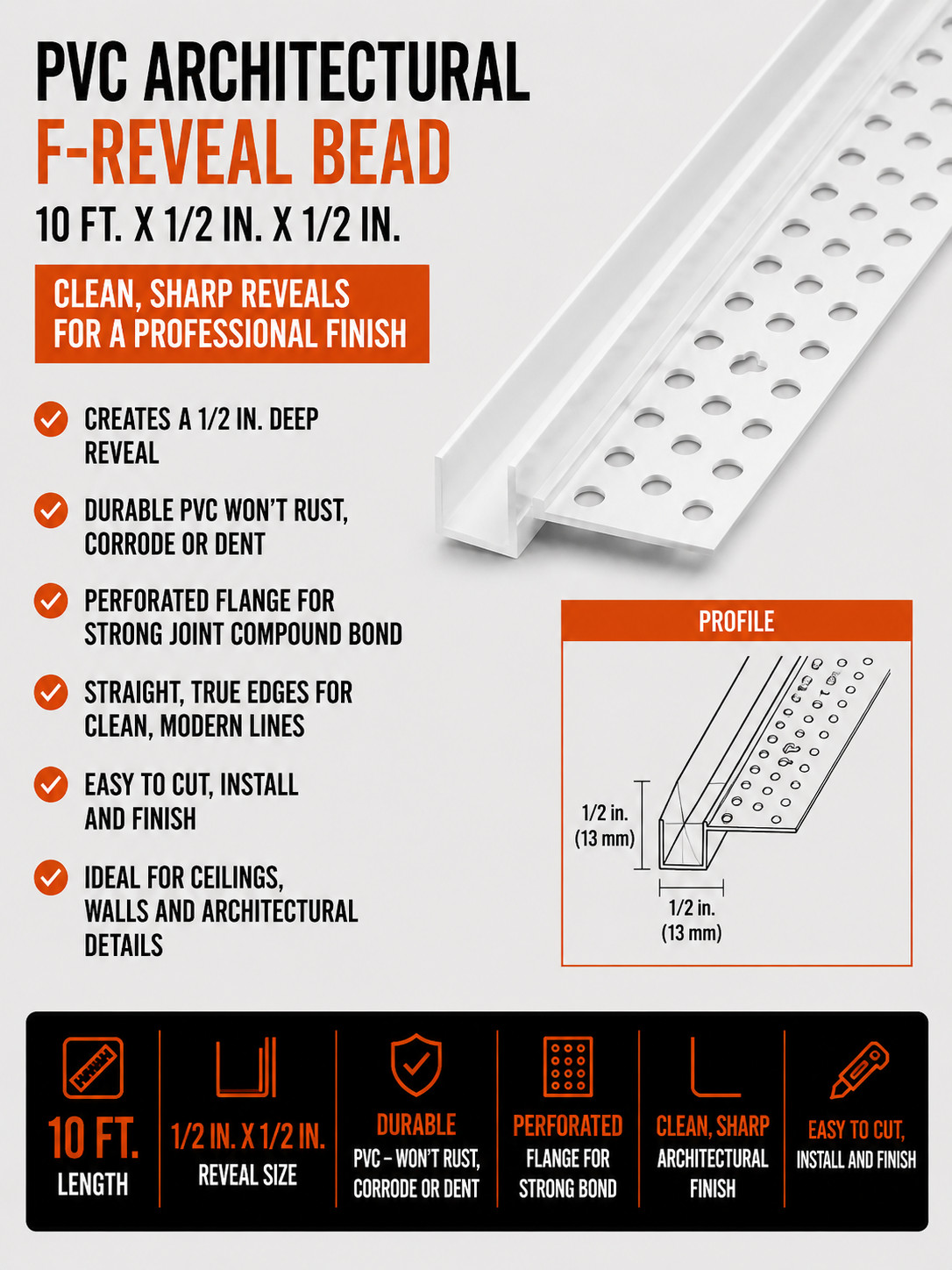 0.5 in x 0.5 in x 10 ft PVC Architectural F-Reveal Bead