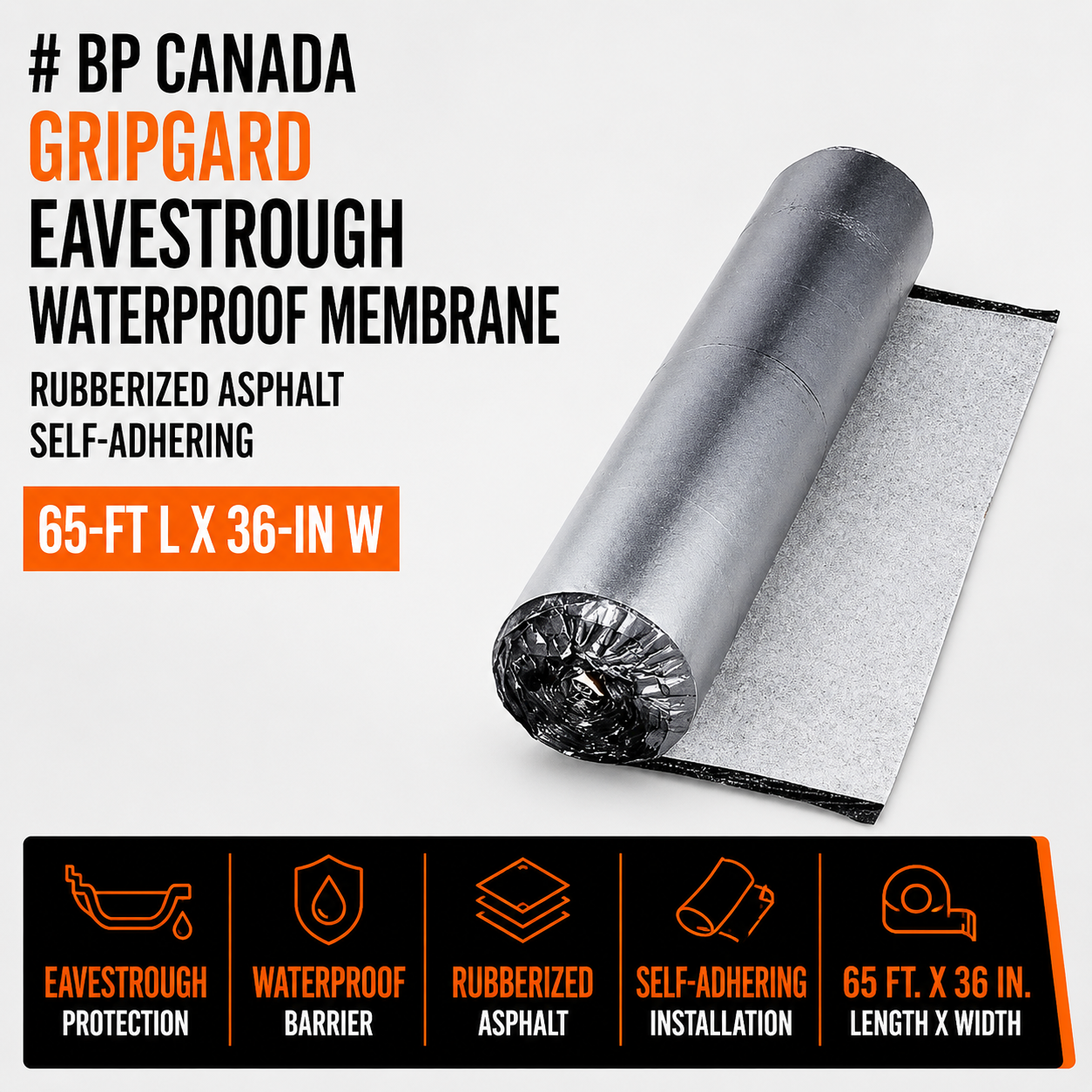 BP Canada Gripgard Eavestrough Waterproof Membrane - Rubberized Asphalt - Self-Adhering - 65-ft L x 36-in W