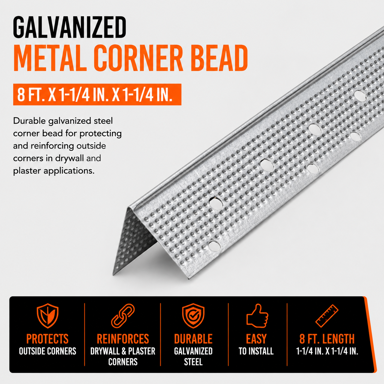 8 ft x 1.25 in x 1.25 in Galvanized Metal Corner Bead