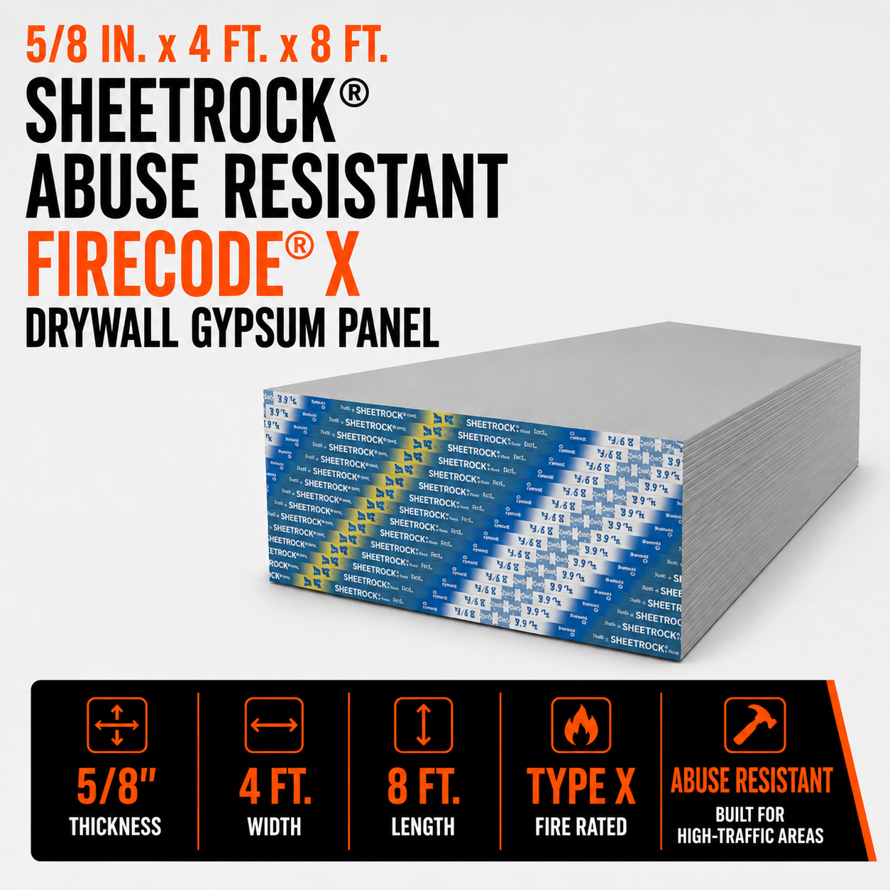 5/8 in. x 4 ft. x 8 ft. Sheetrock® Abuse Resistant Firecode® X Drywall Gypsum Panel