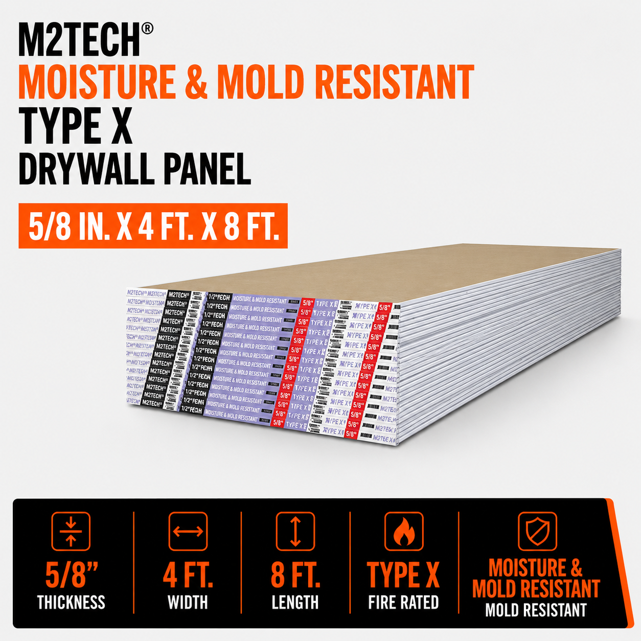 5-8 in x 4 ft x 8 ft M2Tech Moisture & Mold Resistant Type X Drywall Panel