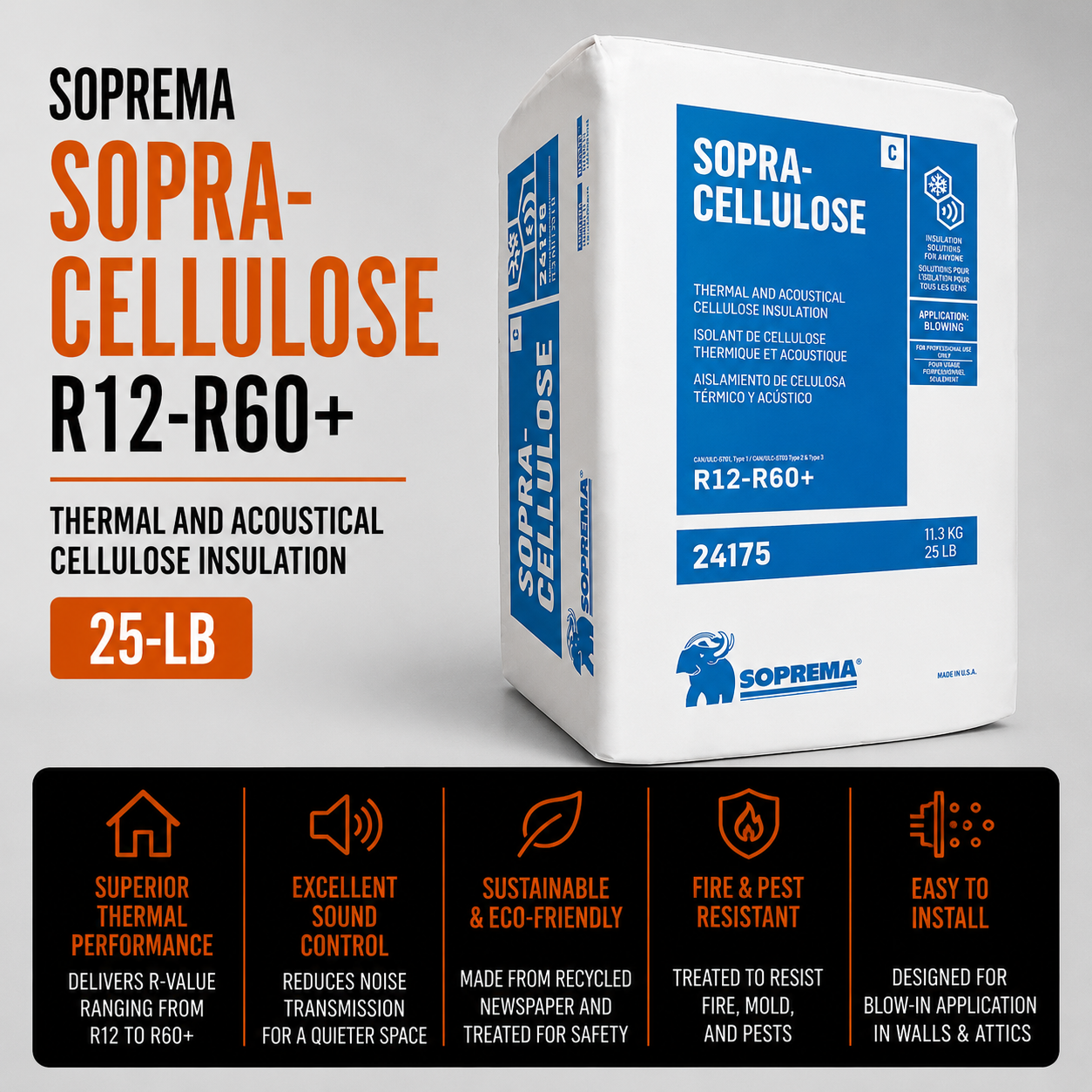 Soprema Sopra-Cellulose R12-R60+ 25-lb Thermal and Accoustical Cellulose Insulation