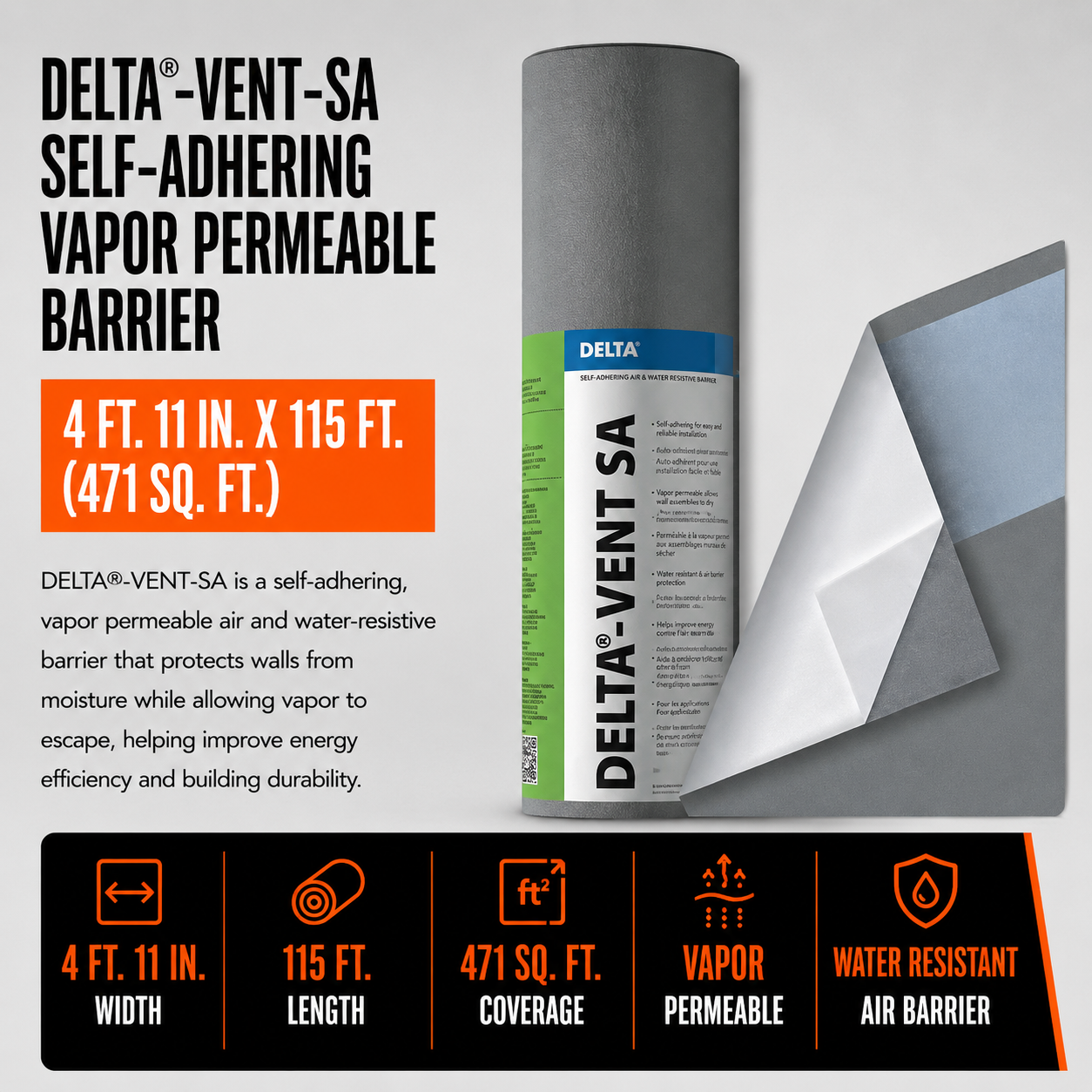 4 ft. 11 in. x 115 ft. Roll DELTA®-VENT-SA Self-Adhering Vapor Permeable Barrier