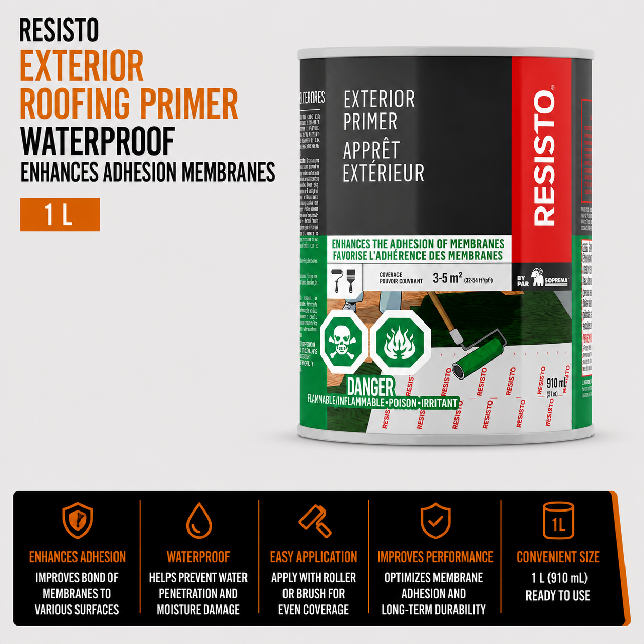 Resisto Exterior Roofing Primer - Waterproof - Enhances Adhesion Membranes - 1 L