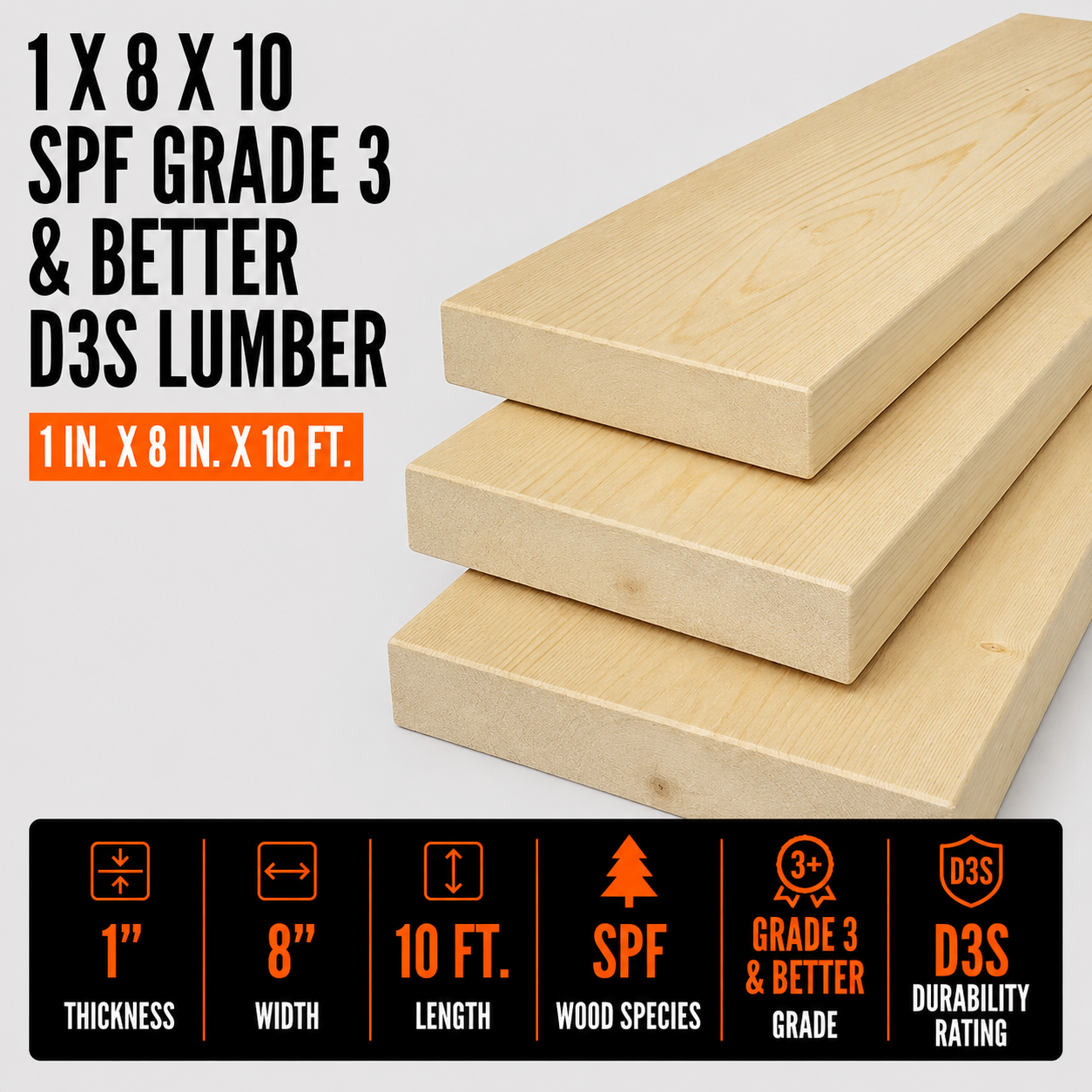 1-in x 8-in x 10-ft SPF Grade 3 & Better D3S Lumber
