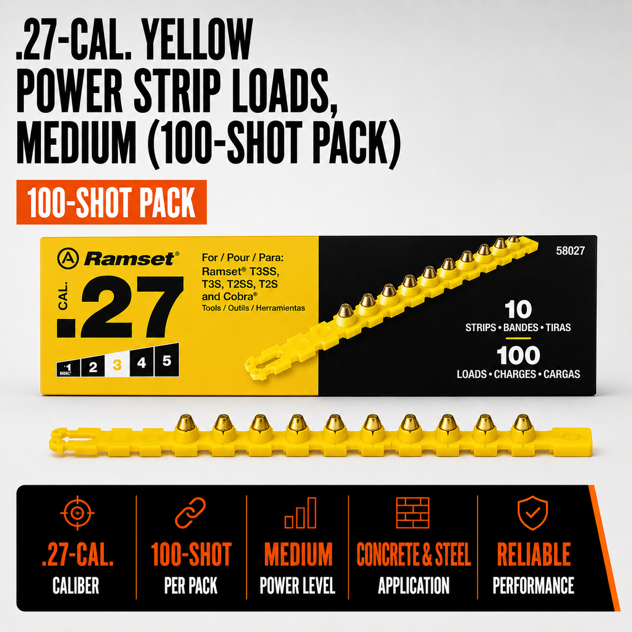 .27-Cal. Yellow Power Strip Loads, Medium (100-Shot Pack)