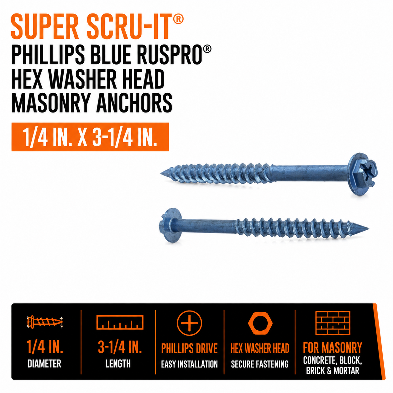 1-4 in. x 3-1-4 in. Super SCRU-IT- Phillips Blue RUSPRO- Hex Washer Head Masonry Anchors
