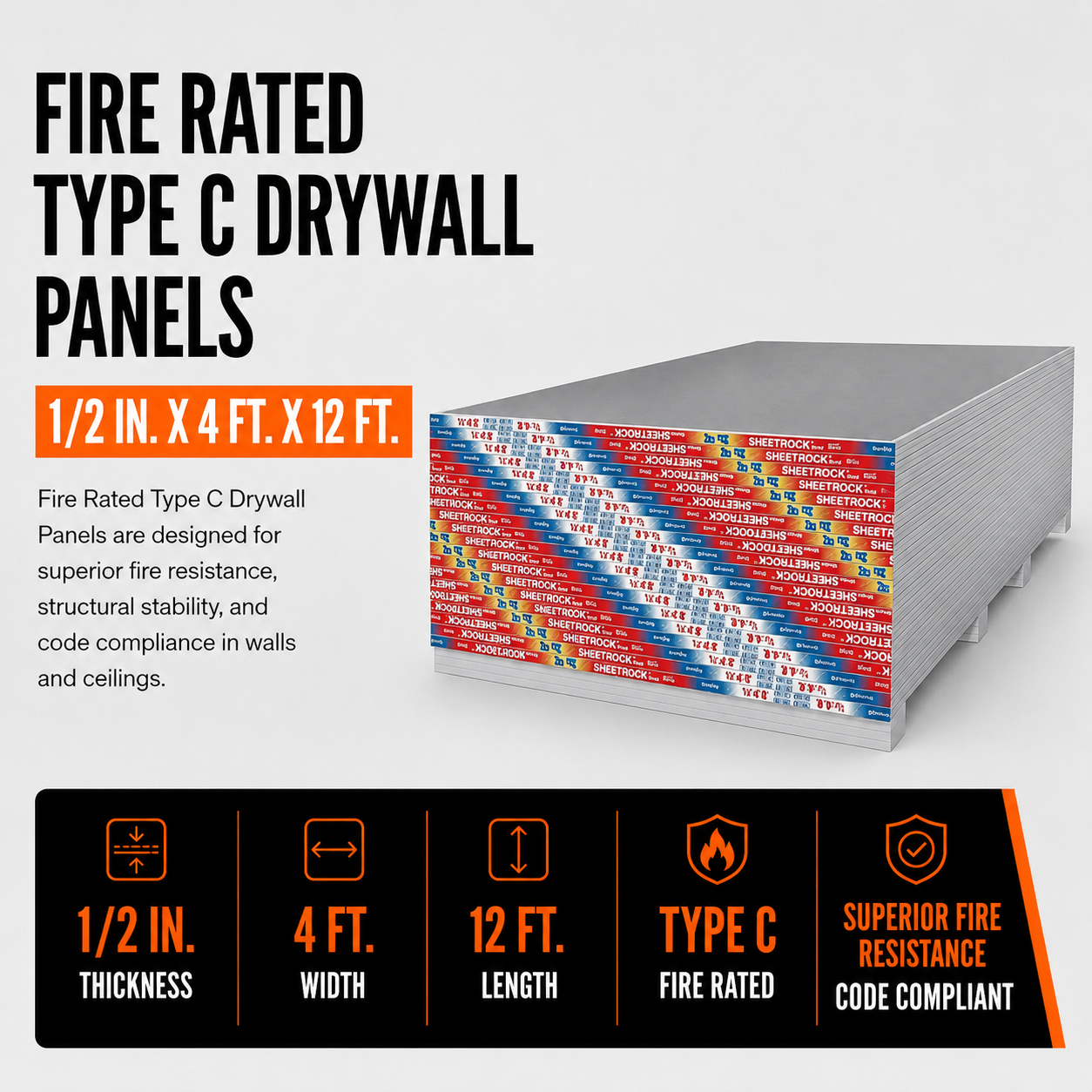 1-2 in x 4 ft x 12 ft Fire Rated Type C Drywall Panels