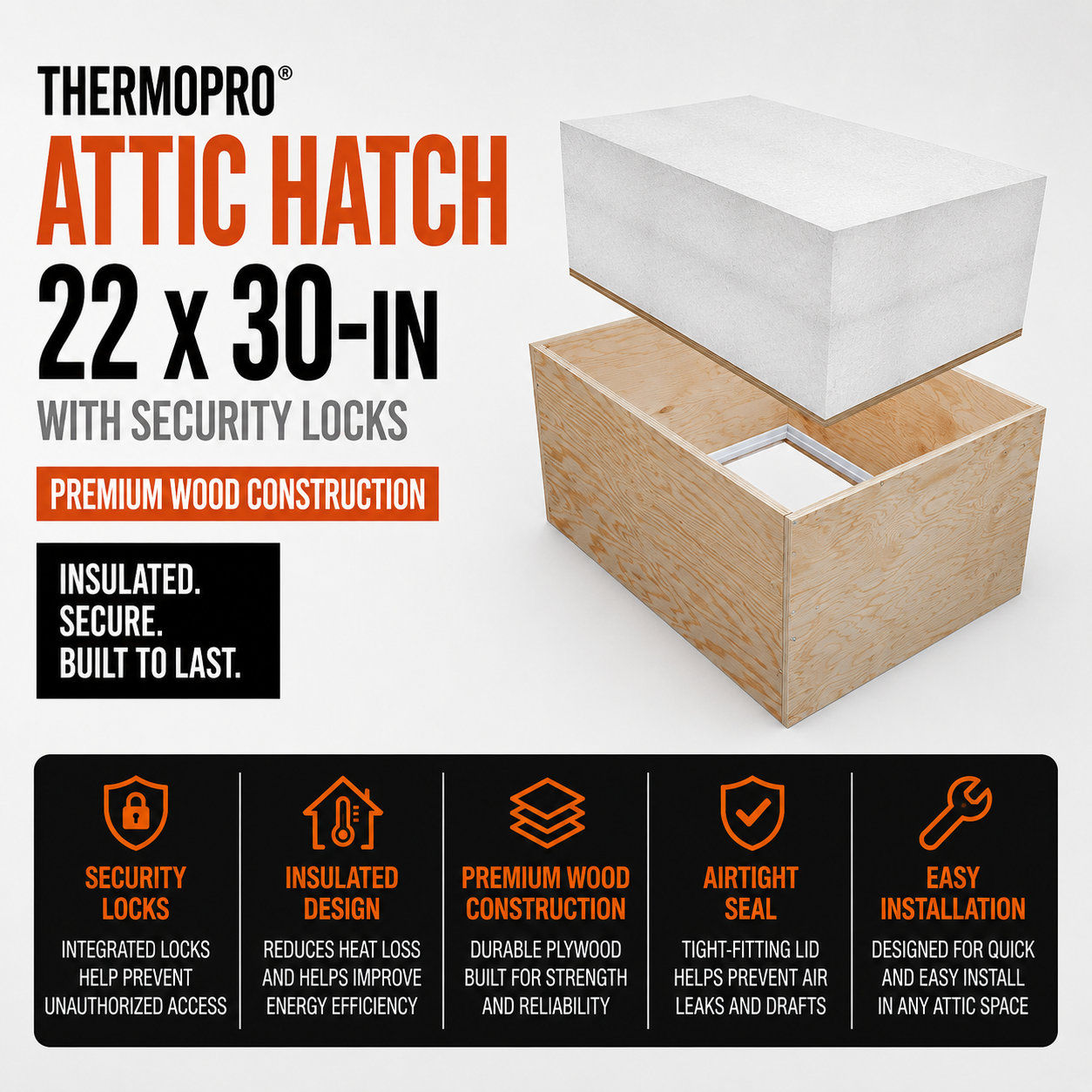ThermoPro Attic Hatch 22 x 30-in with Security Locks - Wood