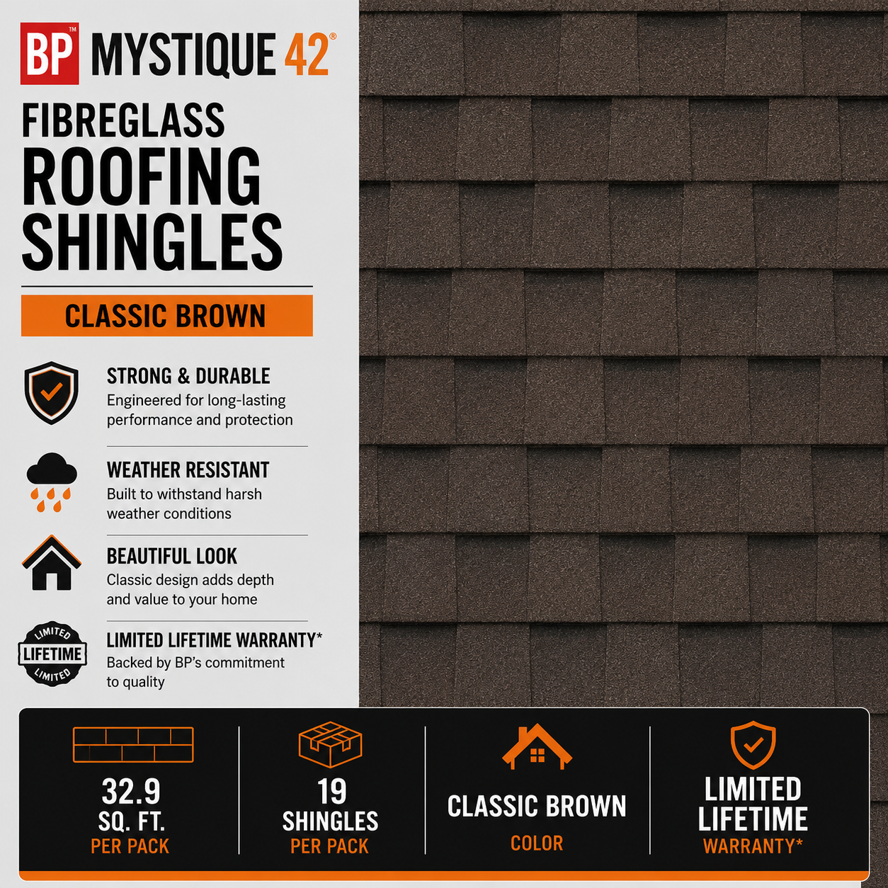 BP Mystique 42 Shingles - Fibreglass - Classic Brown - 19/Pack
