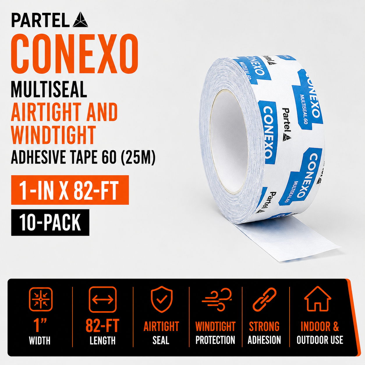 PARTEL Conexo Multiseal Airtight and Windtight Adhesive Tape 60 (25M) 1-in x 82-ft - 10-Pack