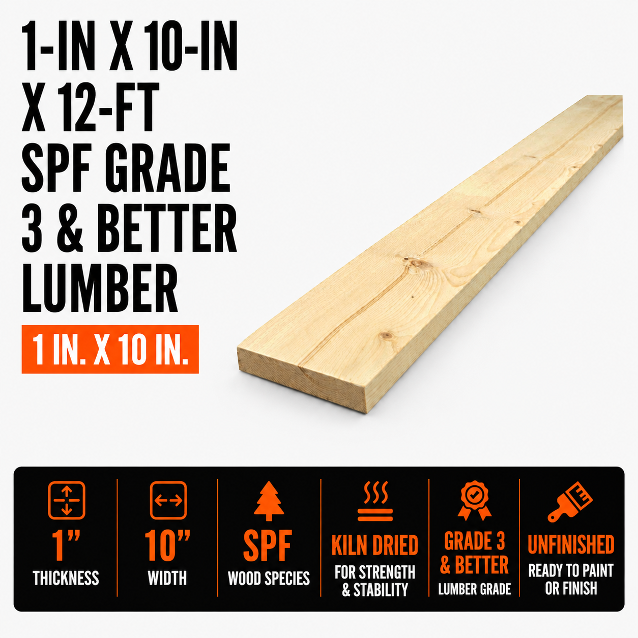 1-in x 10-in x 12-ft SPF Grade 3 & Better Lumber