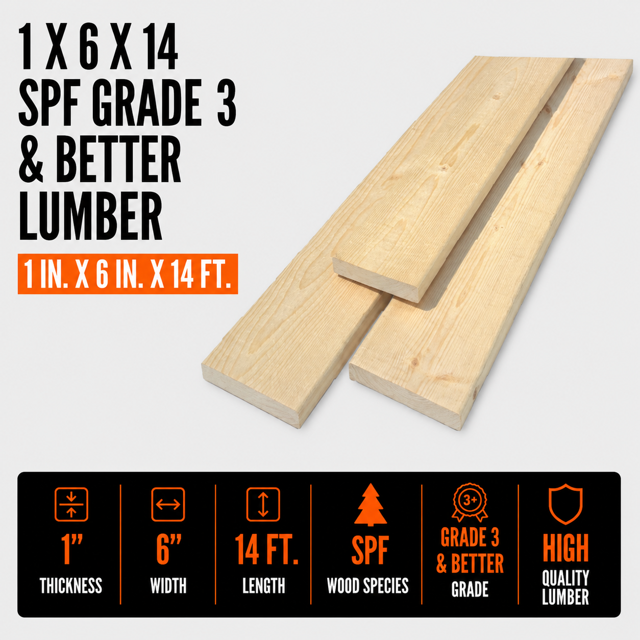 1-in x 6-in x 14-ft SPF Grade 3 & Better Lumber