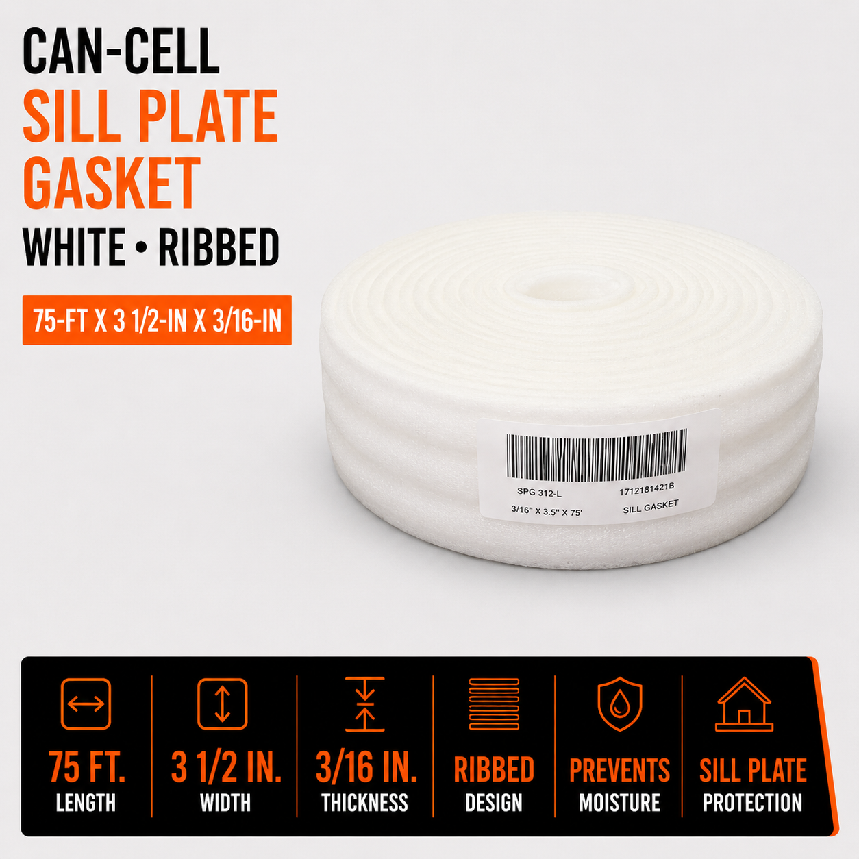Can-Cell Sill Plate Gasket - White - Ribbed - 75-ft x 3 1/2-in x 3/16-in