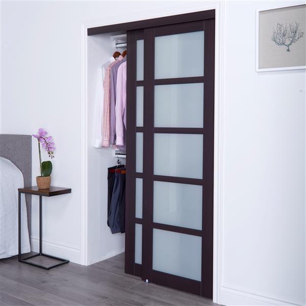 ReliaBilt Renin 60-in x 80-in Dark Brown Sliding Frosted Glass Door