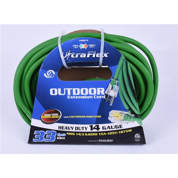Toolway Extension Cord - 10m - 1 Outlet - 125 Volts - Green