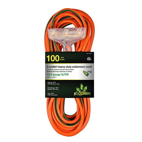 GoGreen Power 3-Outlet Heavy Duty Extension Cord - 12/3 - 100-ft - Orange