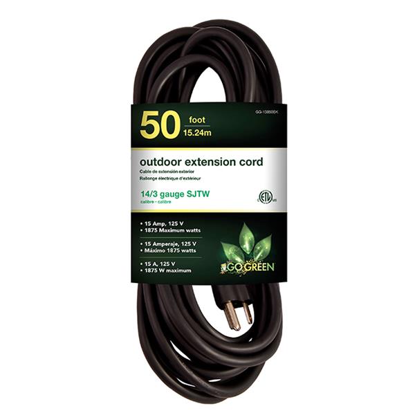 GoGreen Power Outdoor Extension Cord - 14/3 SJTW-A - 50-ft - Black