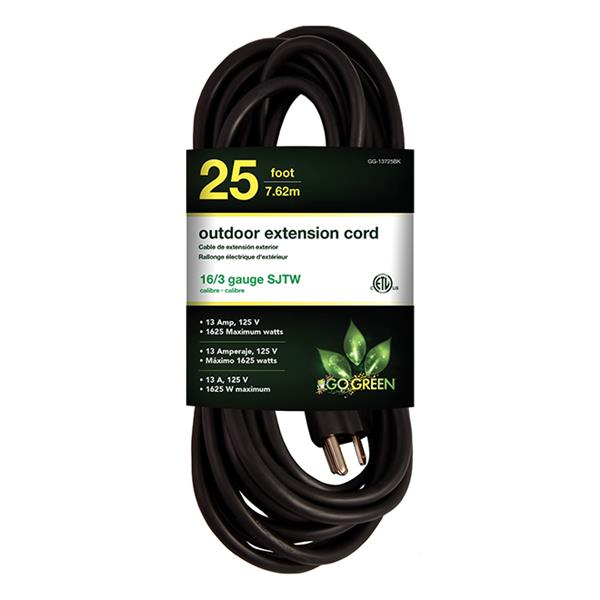 GoGreen Power Outdoor Extension Cord - 16/3 SJTW - 25-ft - Black