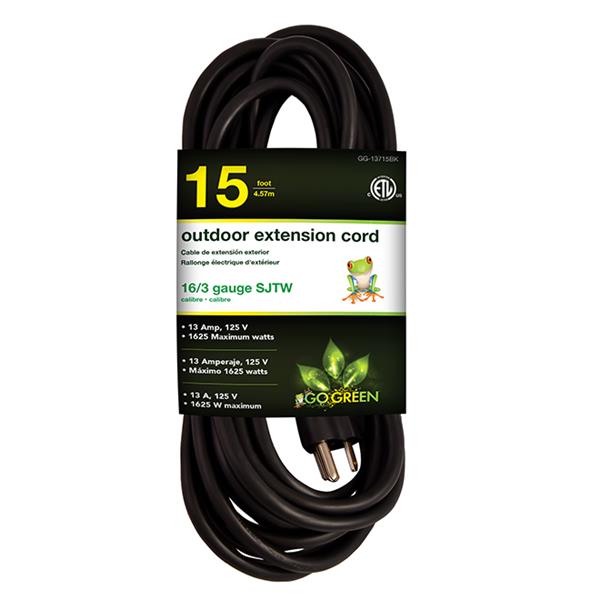 GoGreen Power Outdoor Extension Cord - 16/3 SJTW - 15-ft - Black
