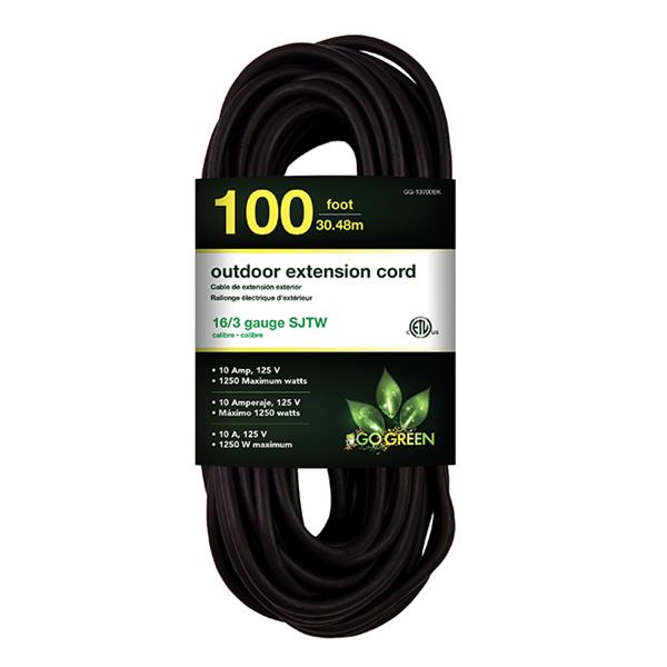 GoGreen Power Outdoor Extension Cord - 16/3 SJTW - 100-ft - Black