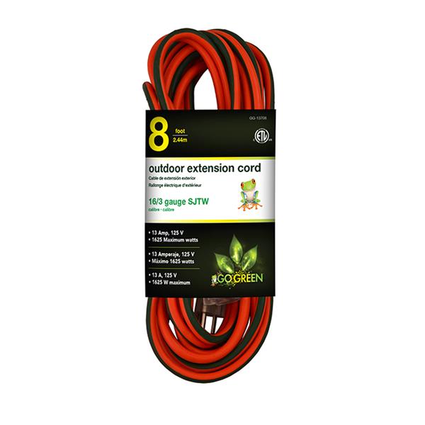 GoGreen Power Outdoor Extension Cord - 16/3 SJTW - 8-ft - Orange
