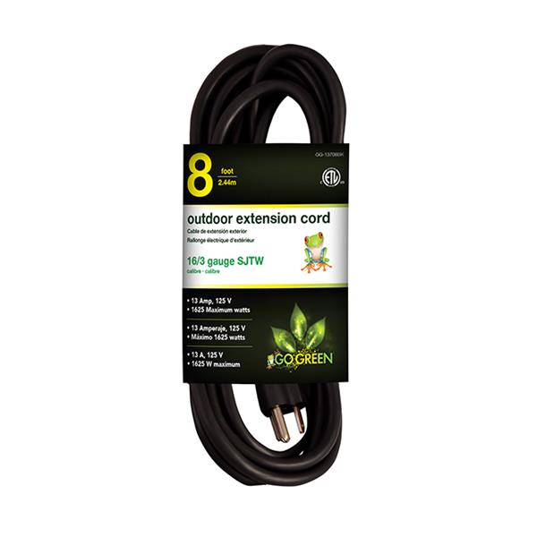 GoGreen Power Outdoor Extension Cord - 16/3 SJTW - 8-ft - Black