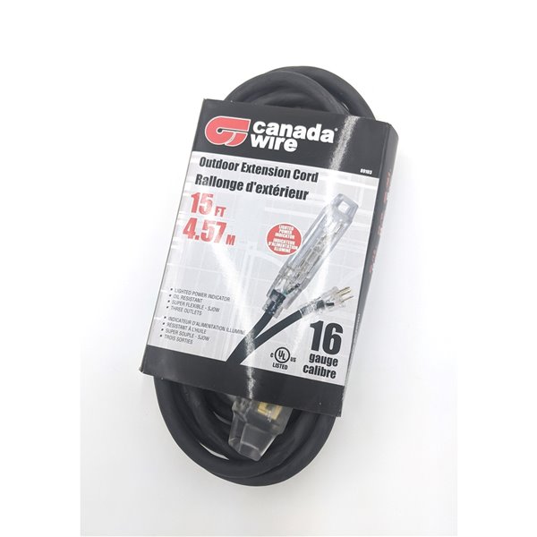 Canada Wire Indoor Light Duty General Extension Cord - SJOW - 3-Prong/3-Outlet - 15-ft - Black